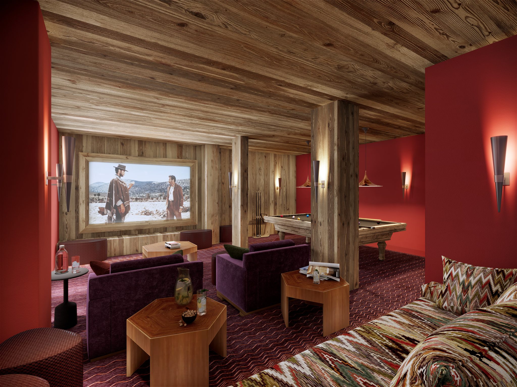 Home cinéma dans un chalet à Megève. Projet Studio Nicolas Aubagnac