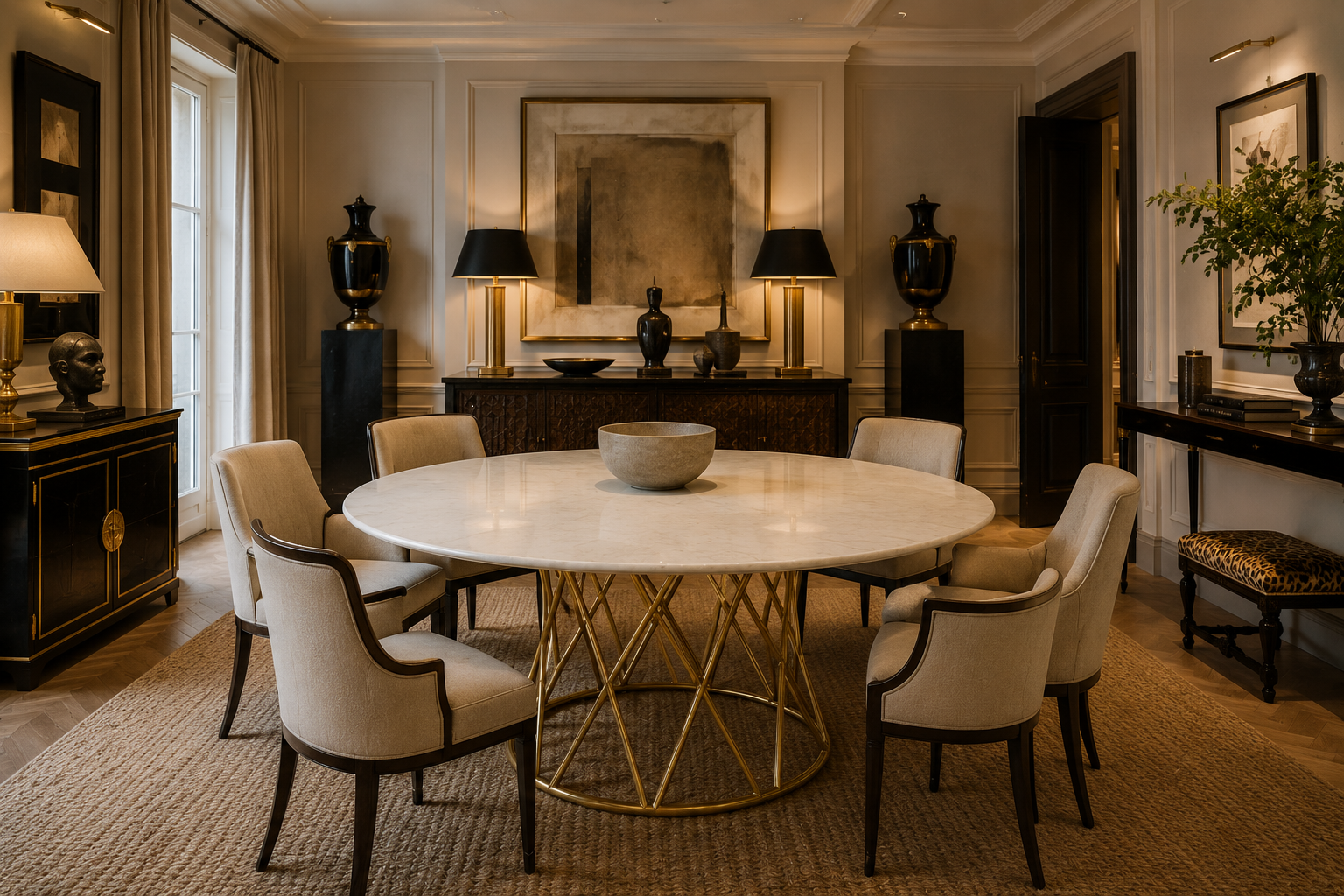 Variante avec le piétement décoré à la feuille d'or et le plateau en marbre Variante avec le piétement décoré à la feuille d'or et le plateau en marbre